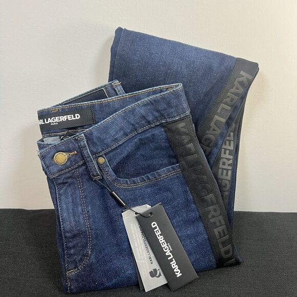 NWT Karl Lagerfeld Women Straight Leg Logo Black Tape Blue Jeans Size 2  $99.50 - Picture 8 of 9